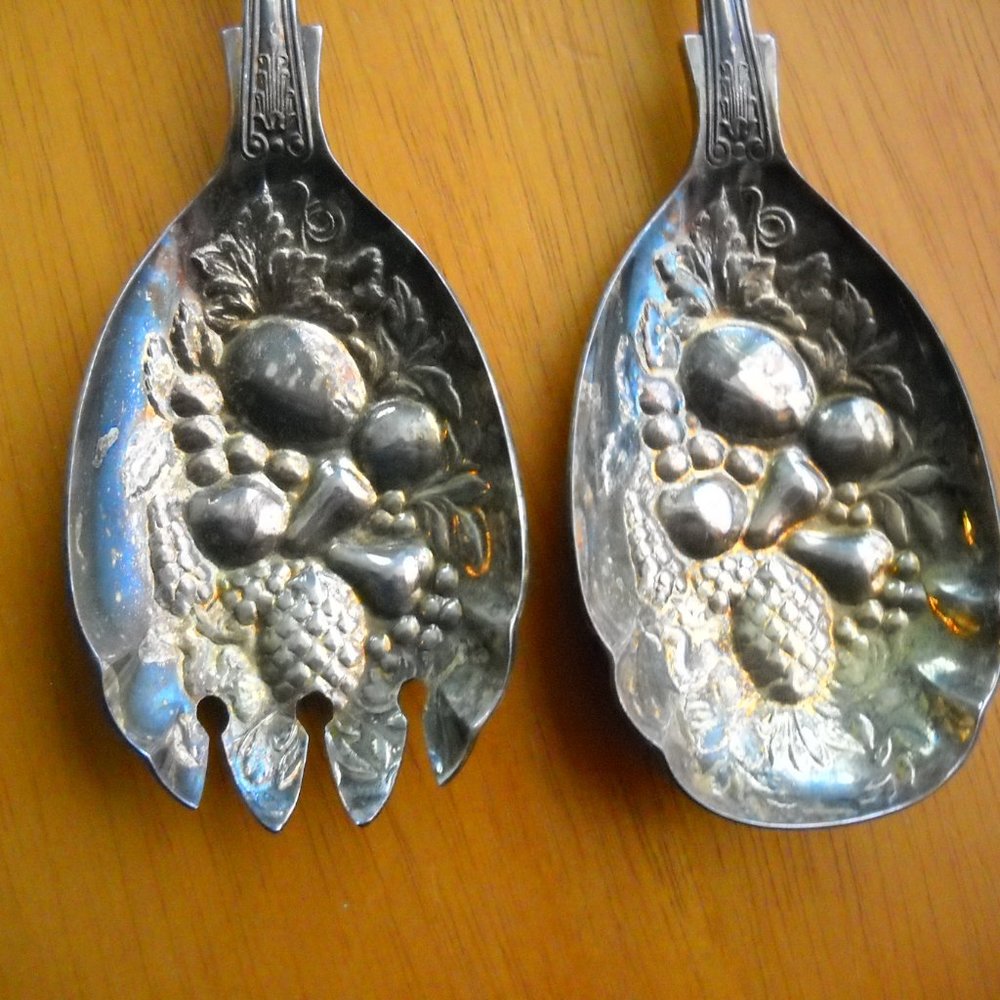 EPNS W.A. Berry/Salad Servers Silver Tone Spoon and Spork 8-1/2", Sheffield Eng.